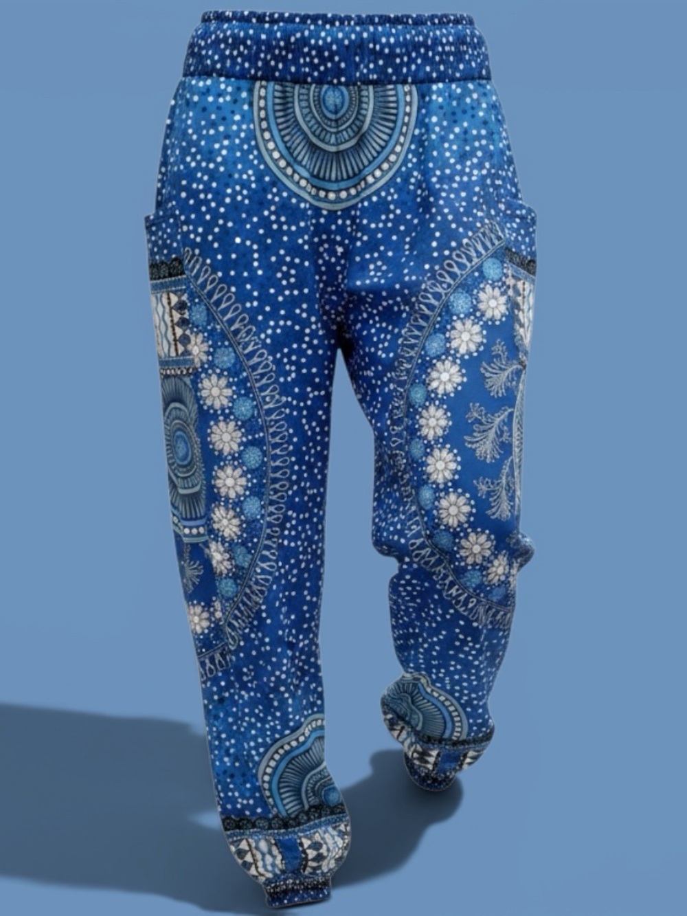 QIANXIZH·N Patterned Boho Jogger Pants - Blue & White Sized Medium